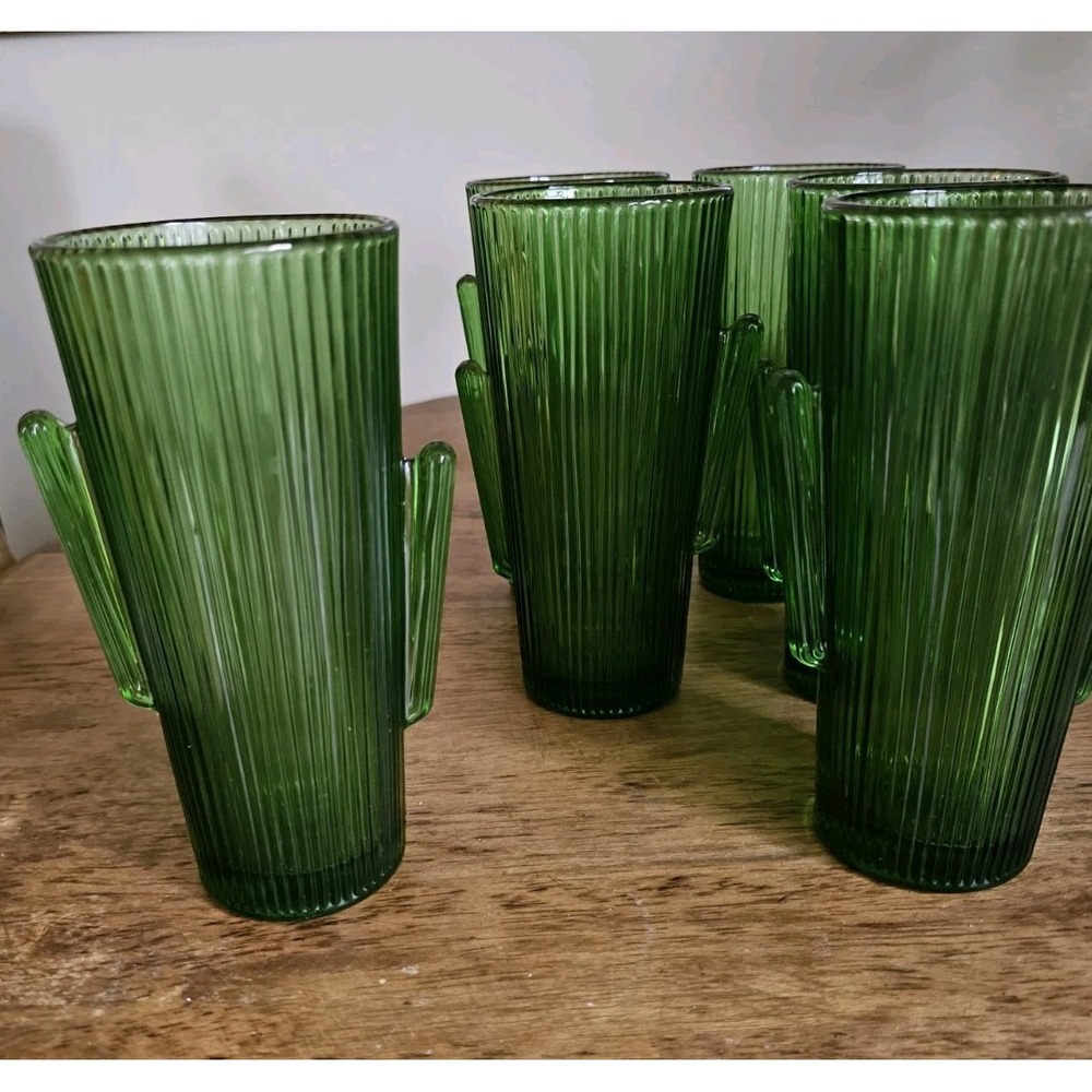 Set-6  Libbey Saguaro Cactus Glass Emerald Green 16 Oz Tumbler 7" 1970 Quality!